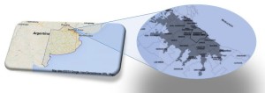 A la derecha de la imagen, la “mancha urbana” metropolitana conformada por la ciudad de Buenos Aires y el Conurbano Bonaerense (que el lenguaje común y los medios de comunicación llaman además Gran Buenos Aires). 